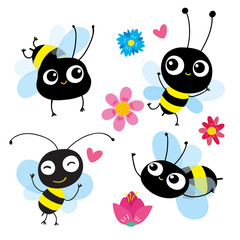 set of four cartoon bees in motion. Each bee reflects different emotion, action. Use as symbol icon element emblem for childrens books pictures and cards. Vector illustration. Hand-drawn concept
