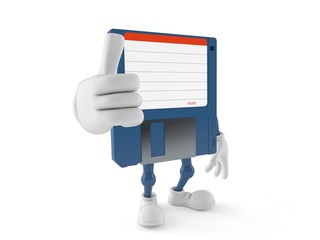 Floppy disk character with thumbs up gesture