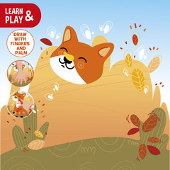 Education development game for children. Fox in the meadow in autumn. Draw the fox body with your hand and paint. Hand draw. Coloring. Kids game. Vector isolated illustration. Learn and play