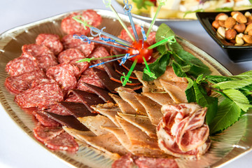 Different types delicacies of meat and cheese arranged in a plate over light background - selective focus