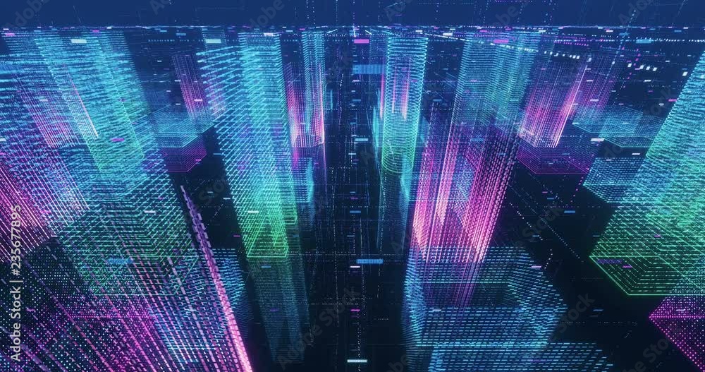 Aufkleber Seamless loop abstract hologram 3D city rendering with futuristic matrix. Digital buildings with a binary code particles network. Technology and connection concept. 