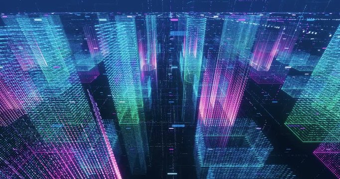 Seamless loop abstract hologram 3D city rendering with futuristic matrix. Digital buildings with a binary code particles network. Technology and connection concept. 