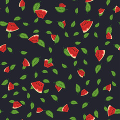 Tropical watermelon seamless vector pattern, fashionable tropic background for fabric textile, exotic watermelon texture for print, trendy natural hand drawn leaves for fashion textile