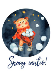 Watercolor Christmas children's collection with bears, Bunny, girl, snowman, Christmas trees, pine branch, berries, leaves, Christmas sock, frames, cards, wreaths on white background