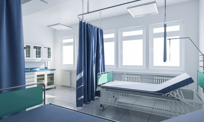 Inside a Hospital with Beds Curtains and Medical Cabinet 3d rendering