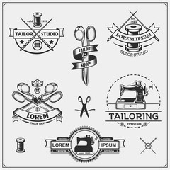 Vintage sewing labels, badges and design elements. Set of Tailor Shop emblems.