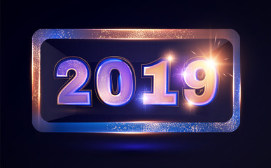 Happy New 2019 Year Elegant Shining Number. Typography Design. Holiday Banner with Light Effect.