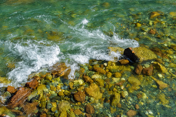 Close up clear water of beautiful mountain river