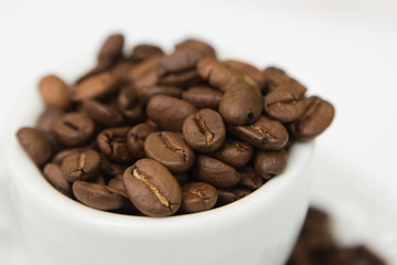 top view cup with coffee seeds and beans isolated on white backgorund. tasty morning drinks and beverages.