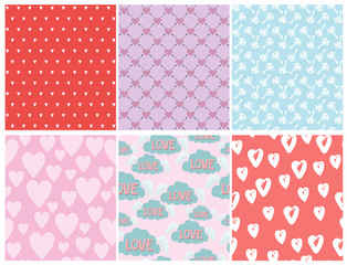 Set of cute seamless pattern with romantic style for Valentine's Day, Save the date, wedding day, love you card. Editable vector illustration