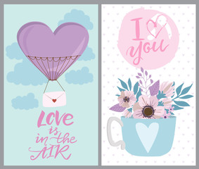 Set of cute cards with romantic style for Valentine's Day, Save the date, wedding day, love you card. Editable vector illustration