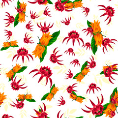 Tropical flower seamless vector pattern, floral fashionable tropic background for fabric textile, exotic hawaiian floral texture for print, trendy natural hand drawn leaves for fashion textile