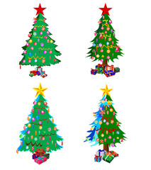 Star decorations, balls and light chains decorated Christmas trees with lots of gift boxes.