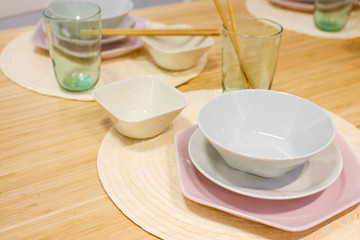tableware set. Set of different plates on the table