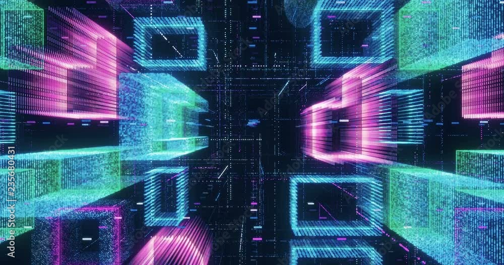 Poster Seamless loop abstract hologram 3D city rendering with futuristic matrix. Digital buildings with a binary code particles network. Technology and connection concept. 
