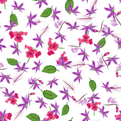 Tropical flower seamless vector pattern, floral fashionable tropic background for fabric textile, exotic hawaiian floral texture for print, trendy natural hand drawn leaves for fashion textile