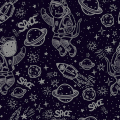 Naklejka premium Vector seamless pattern. Cat astronaut soaring in space. Comic style illustration.