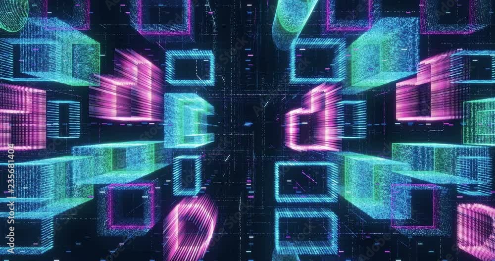 Poster Seamless loop abstract hologram 3D city rendering with futuristic matrix. Digital buildings with a binary code particles network. Technology and connection concept. 