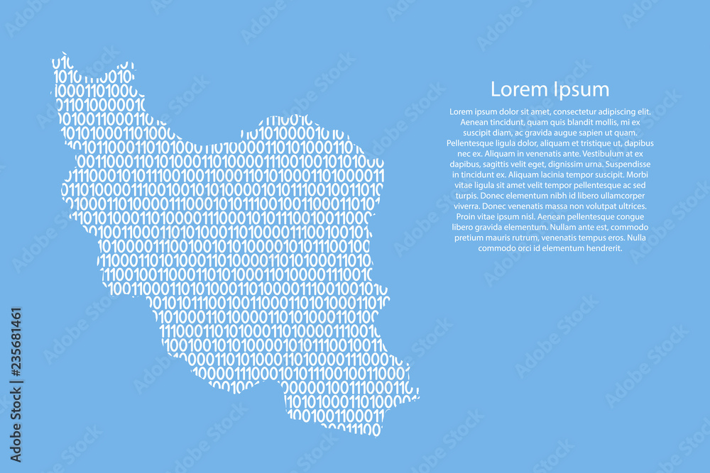 Fototapete iran map abstract schematic from white ones and zeros binary digital code on light blue background f