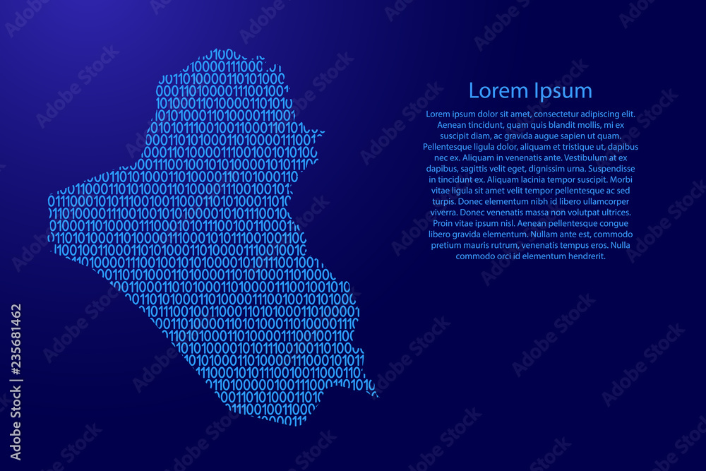 Fototapete Iraq map abstract schematic from blue ones and zeros binary digital code with space stars for banner, poster, greeting card. Vector illustration.