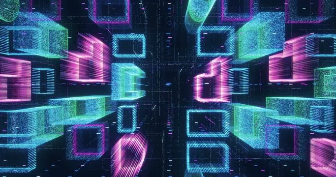 Seamless loop abstract hologram 3D city rendering with futuristic matrix. Digital buildings with a binary code particles network. Technology and connection concept. 