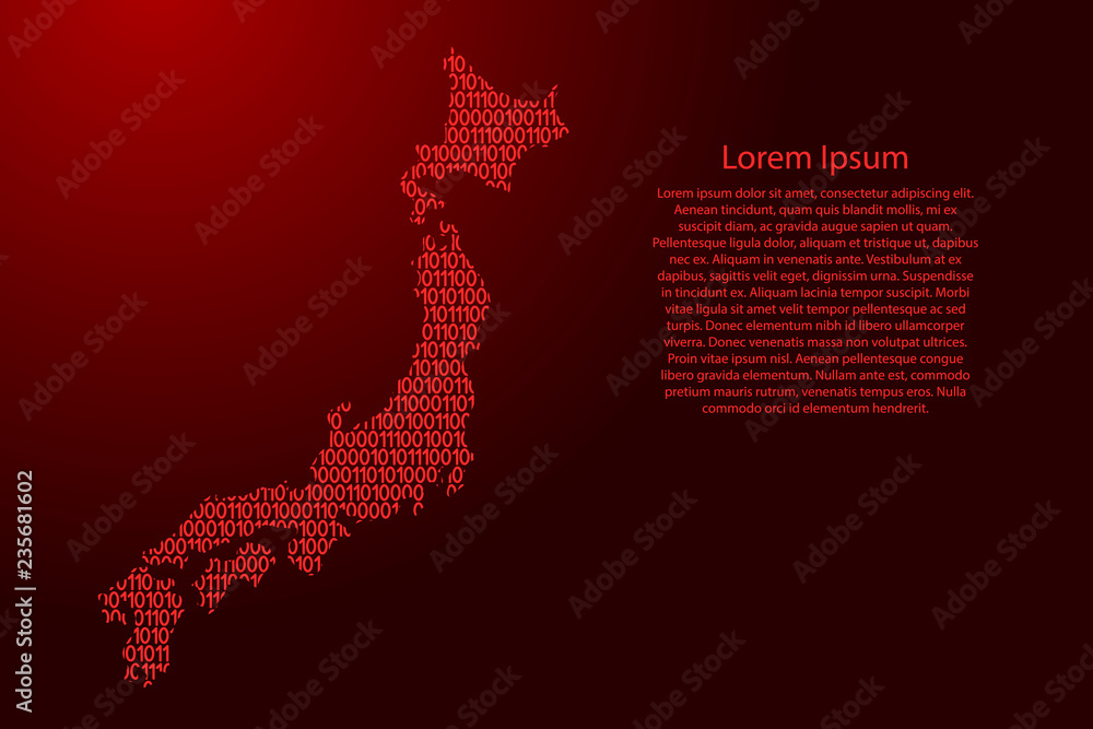 Poster japan map abstract schematic from red ones and zeros binary digital code for banner, poster, greetin