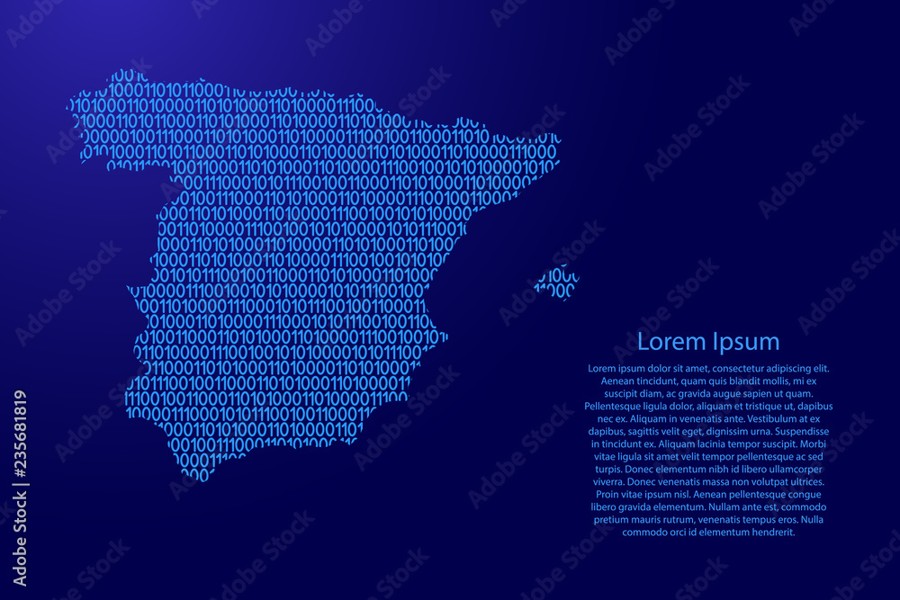 Fototapete spain map abstract schematic from blue ones and zeros binary digital code with space stars for banne