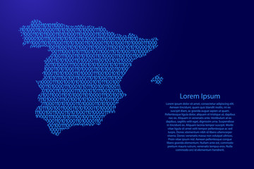 Obraz premium Spain map abstract schematic from blue ones and zeros binary digital code with space stars for banner, poster, greeting card. Vector illustration.