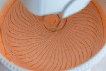 Mixer whipping chocolate dough. Mixing Cocoa Powder, Flour and Beaten Eggs. Making Chocolate Layer...
