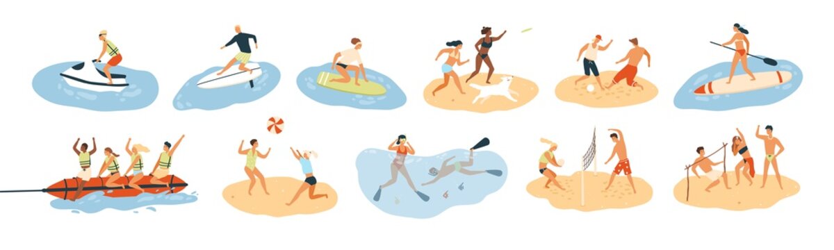 Set of people performing summer sports and leisure outdoor activities at beach, in sea or ocean - playing games, diving, surfing, riding water scooter. Colorful flat cartoon vector illustration.