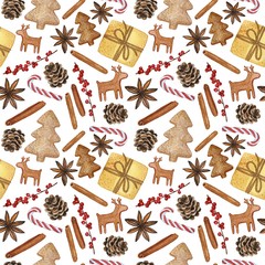 New Year and Christmas Decorative Elements - Watercolour Hand-drawn Illustration, Seamless Pattern