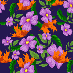 Tropical flower seamless vector pattern, fashionable tropic background for fabric textile, exotic hawaiian floral texture for print, trendy natural leaves for fashion textile on black background