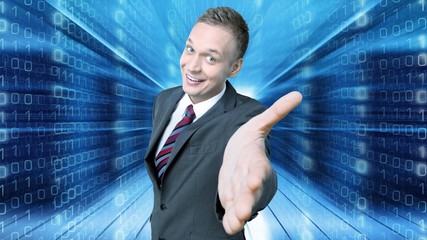 Fototapeta premium Young happy business man in grey suit