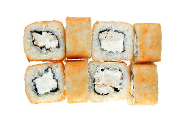 Hot fried sushi rolls with chicken and cheese. Isolated on white background. Menu.