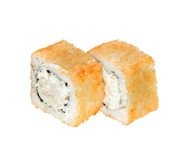 Two hot fried sushi rolls with cheese and chicken. Isolated on white background. Menu.