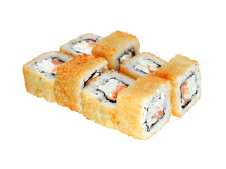 Portion hot fried sushi rolls with salmon and cheese. Isolated on white background. Menu.