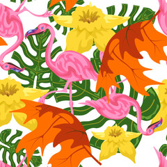 Tropical flower seamless vector pattern, floral fashionable tropic background for fabric textile, exotic hawaiian floral texture for print, trendy natural hand drawn leaves for fashion textile