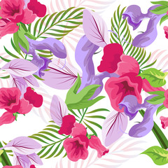 Tropical flower seamless vector pattern, floral fashionable tropic background for fabric textile, exotic hawaiian floral texture for print, trendy natural hand drawn leaves for fashion textile