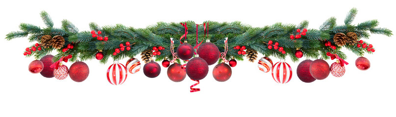 Christmas festive garland with red balls, cones and berries on isolated white background