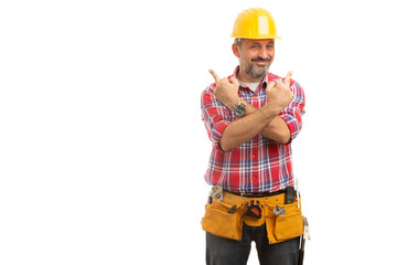 Builder holding arms crossed with middle fingers up.