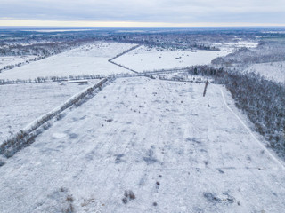 Aerial view of the snow field and winter forest 
