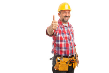 Builder holding thumb up.