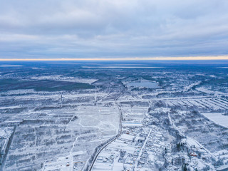 Aerial view of the winter village with roads