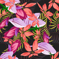 Tropical flower seamless vector pattern, floral fashionable tropic background for fabric textile, exotic hawaiian floral texture for print, trendy natural hand drawn leaves for fashion textile