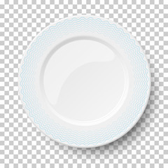 Empty classic white dish with wavy blue patterns isolated on transparent background. View from above. Vector illustration.