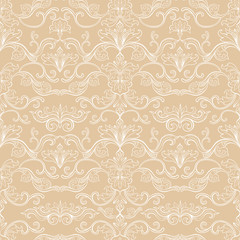 Damask Vector Seamless Pattern. Vintage Style Wallpaper, Carpet or Wrapping Paper Design. Gold Italian Medieval Floral Flourishes, Greek Flowers for Textures. Baroque Golden Leaves