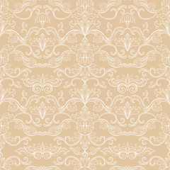Damask Vector Seamless Pattern. Vintage Style Wallpaper, Carpet or Wrapping Paper Design. Gold Italian Medieval Floral Flourishes, Greek Flowers for Textures. Baroque Golden Leaves