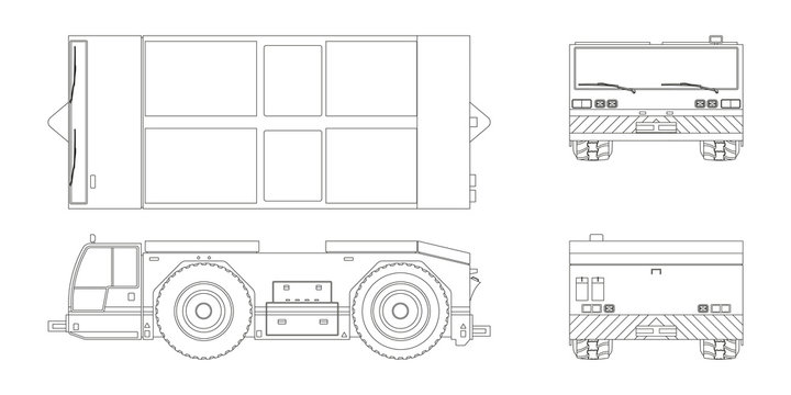 Airplane towing vehicle in outline style. Front, side, top and back view. Repair and maintenance of aircraft. Airfield transport. Industrial blueprint