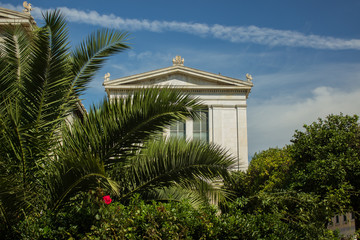 antique palace facade architecture of university campus in garden park outdoor tropic environment between palm trees 
