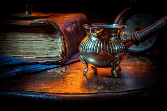 Old book and coffee pot